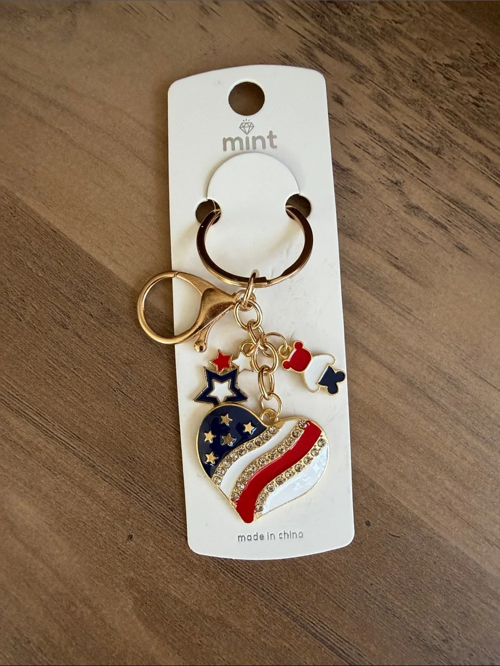 Mint Gold-tone Patriotic Heart Keychain with Red, White & Blue Enamel